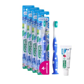 GUM Junior Zahnbürste | für Kinder im Alter von 6-9 Jahren | gepolsterter Kopf | weiche Borsten | rutschfester Griffgriff | Saugnapf | 1 Stück | 4 x 1 Stück (mit 1 Bonusprobe)