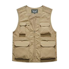 Flygo Men's Mesh Fishing Vest Multi-Pockets Quick-Dry Breathable Waistcoat for Outdoor Hunting Travels Sports (Large, Style 01 Khaki)