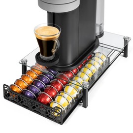 RECAPS Crystal Tempered Glass Coffee Pod Drawer Organizer Compatible with Nespresso Vertuo, Hold up to 50 Small or 40 Big Vertuo Pods or 26 K-cup Pod,Sliding K Cup Drawer for Countertop