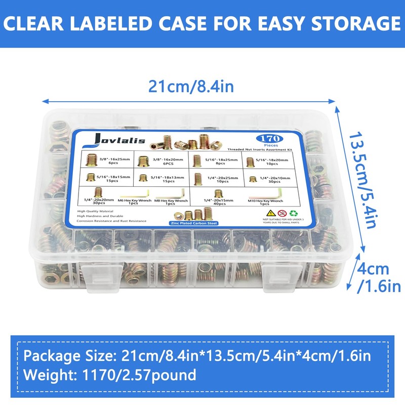 170 PCS Threaded Inserts Nuts, 10 Sizes-1/4"-20, 5/16"-18, 3/8"-16 Wood