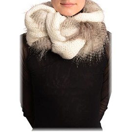LissKiss White Knitted Plait Style Snood With Faux Fur - White Designer Snood