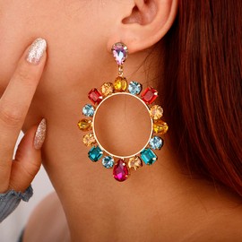Denifery Rhinestones Circle Dangle Drop Earrings Statement Iridescent Earrings Boho Crystal Stud Earrings for Wedding Prom Bridal Earrings (Colorful)