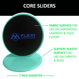 Flexi Muscles Core Sliders Dual Sided Sliding Discs for Use on All Floors. Our Core Sliders are ideal for Abs exercises, Yoga, Pilates and Home Workouts.