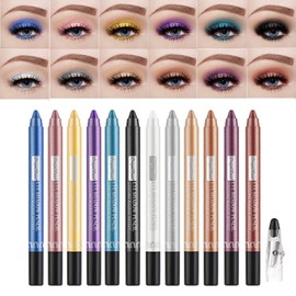 Pakivs 12-Piece Eyeshadow Pencil Set, Long-Lasting Glitter Multi-Purpose Eyeliner Pen and Eyeshadow Make-Up Pen with Sharpener