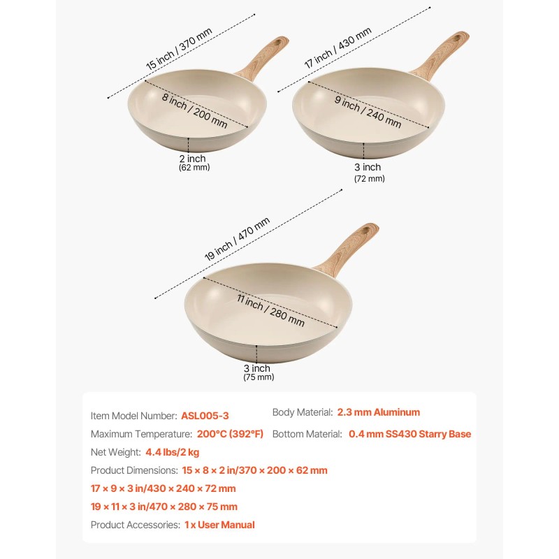 8\" 9.5\" 11\" Aluminum Egg Fry Pans 3 Piece Set