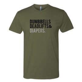 DadBod Apparel DB Men's Triple-D T-Shirt - Dumbbells Deadlifts & Diapers (Military Green/XX-Large) Army Green Tee for Dad to be