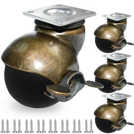 MySit Plate Brass TPR Ball Casters with Brake Heavy Duty Vintage Antique Furniture Swivel Caster 2 Inch for Furniture Legs, Cabinet, Sofa 4 Pack