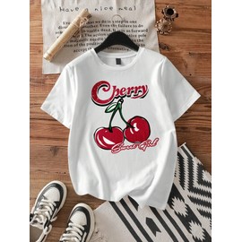 QJQ Women's Letter Graphic Tshirts Cherry Car Short Sleeve Crewneck Tees Casual Summer Trendy Vintage Drop Shoulder Tops Cherry Large