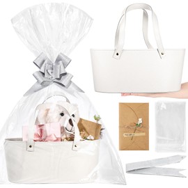 Wonderjune Leather Empty Gift Basket with Gift Bags Ribbons Greeting Cards Large Small Empty Basket Bag with Handle for wedding Bridal Shower Birthday Baby Shower Housewarming Gifts(White,Large)