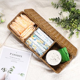 Sumnacon Wicker Storage Basket with Lid, Rectangular Narrow Baskets for Bathroom, Farmhouse Imitation Rattan Bin with Dividers, Decorative Handwoven Tray Organizer for Countertop Shelves Toilet Tank