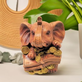 Elephant Wealth Figurine 16x13cm – Feng Shui Money Lucky Charm – Home & Office Prosperity Decoration – Wooden Effect Elephant with Gold Coins & Banknotes – Fortune & Success Ornament