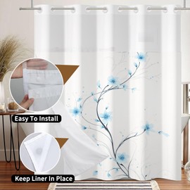 Meiguiman No Hook Shower Curtain with Snap in Liner Blue Watercolor Flowers Plant Shower Curtain with Liner for Bathroom Modern Hotel Fabric Washable 71x74 Inch