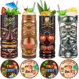 Tiki Mugs Set of 4 - Large Ceramic Tiki Glasses for Hawaiian Luau Party Cocktails