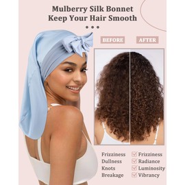 AWAYTR 100% Mulberry Silk Bonnet - Long Hair Cap for Sleeping Tie Band Bonnet for Braids Curly Hair (Sky Blue)