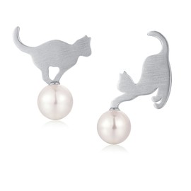 CathMe Cat Earrings Silver 925 for Girls, Children’s Earrings, Pearl Cat Stud Earrings, Silver Pearl Earrings, Cat Earrings, Rose Gold Earrings, Silver Cat Deco for Cat Lovers, Sterling Silver, Pearl
