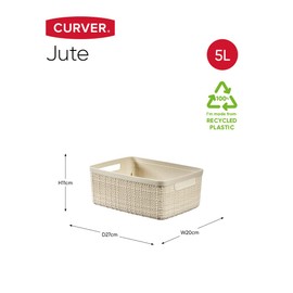 Curver Juliet 100% Recycled Plastic Rectangular Jute Basket, 5 Litre, Off White, S