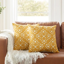 Set of 2 Mustard Pillow Covers with White Abstract Pattern 18 x 18 inches Boho Throw Pillow Covers Linen Pillow Covers for Sofa Couch Decor