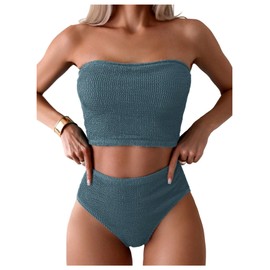 OYOANGLE Women's 2 Piece Strapless Swimsuit High Waisted Smocked Bandeau Bathing Suit Teal Blue Small