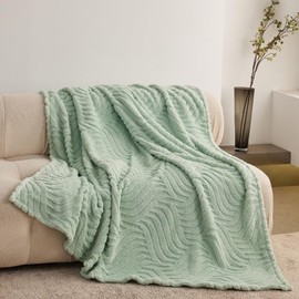 KORBLISS Home Fleece Twin Blanket for Couch, Bed, TV, Party, and Gift - 3D Jacquard Decorative Blankets - Cozy Soft Lightweight Fuzzy Flannel Blanket, All Seasons, 60x80 Inches, Sage Green - Wave
