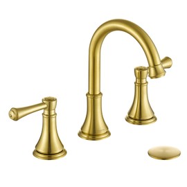 TimeArrow Brushed Gold 8 inch Widespread Bathroom Sink Faucet 3 Holes with Pop-Up Drain, 2 Handle Modern Bathroom/Vanity/Lavatory Faucet with Brass 360° Swivel Spout, TAF830Y-PB
