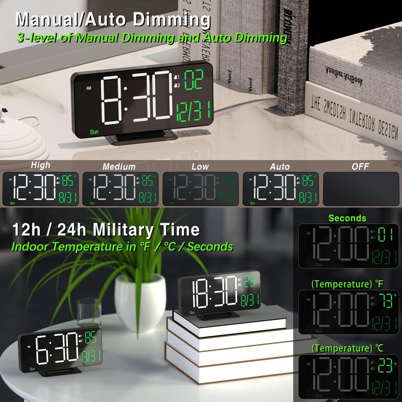 KOSUMOSU Digital Clock for Bedroom, 6.7in Black Alarm Clocks for