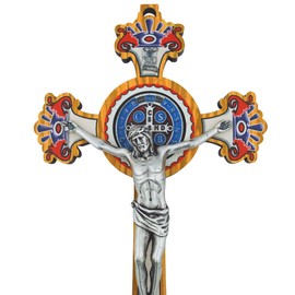 Olive Wood Saint Benedict Cross with Enameled Saint Benedict Medal | Great Catholic Gift for First Holy Communion, Confirmation, Weddings, and Housewarming