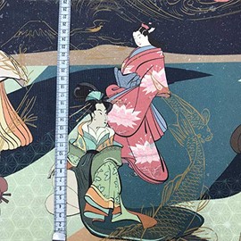 Kt KILOtela Half Panama Digital Print Canvas Fabric - 100% Cotton - Width 280cm - Choice of Length 50 by 50cm - Geishas & Koi Carp - Multi-Colour