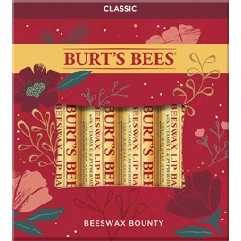 Set de regalo para las fiestas Beeswax Bounty Classic de Burt's Bees, 4 bálsamos labiales para relleno de calcetines navideños: cera de abeja original (versión nueva)
