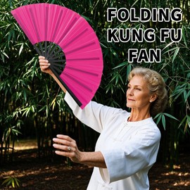 2 Pcs Large Folding Hand Rave Fan, Chinese Kung Fu Line Dance Popping Fan for Men Women Girl Boy Gift (Rose Red)