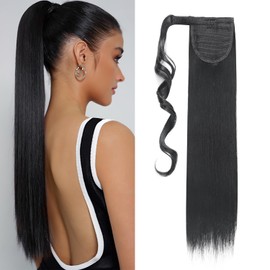 S-noilite 23" Long Straight Wrap around Ponytail Extensions Clip in Ponytail Hair Extensions Hairpiece for Women for Daily Use Dark Black