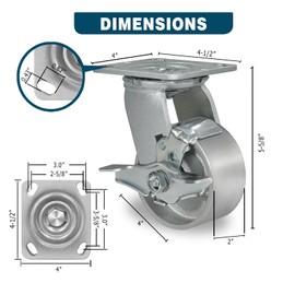 CWfutureparts 4" x 2" Heavy Duty Industrial Casters, 800 lbs Load Capacity, Brake Caster Wheels with Roller Bearing - Semi Steel Cast Iron Wheels for Workbench，Pallet Trucks （1 Pack）