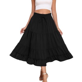 LOUSGUTA Women's Black Midi Skirt Flowy Ruffle Tiered High Elastic Waist Casual Skirts with Pockets Black M