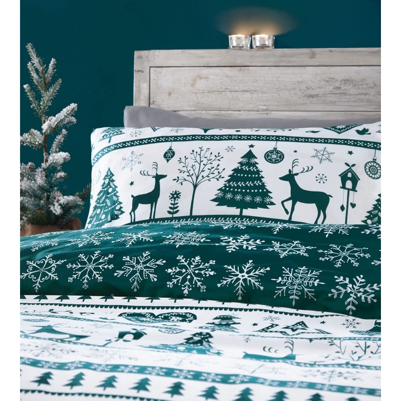 HOMEMAKER BEDDING Christmas Duvet Set Teal White Reindeer Stag Hearts