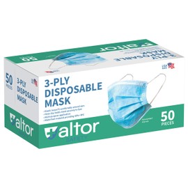 Altor Safety 62212 Blue Disposable Face Masks, USA Made Protective 3 Ply Comfortable Breathable Face Mask with Elastic Earloops and Nose Clip for Adults (Box of 50)