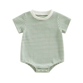 VISGOGO Baby Boy Girl Striped Romper Waffle Short Sleeve Bubble Oversized Bodysuit Summer Onesie Clothes (Green, 12-18 Months)