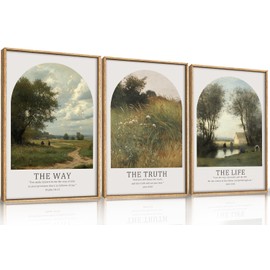 FWIEXA Christian Bible Verse Canvas Wall Art Set 3, Vintage Scripture Framed Painting, Religious Landscape Decor, The Way The Truth The Life Artwork, 16x24In Prints for Living Room,Bedroom,Prayer Room