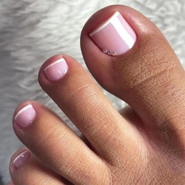 24 Pcs Pink Press on Short Toenails - MINGCHUN Summer Fake Toenails Press ons Glitter Toenail with Glistening Rhinestone Full Cover False Glue on Stick on Toenails Artificial Acrylic Toenail Art Kit