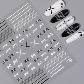 Butterfly Nail Stickers – 5D Embossed Self-Adhesive Nail Art Decals with Bows, Lines & Grid – Cute Nail Stickers for Women, Press-Ons & DIY Manicure (Black & White)