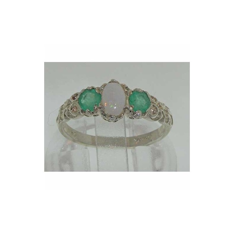 925 Sterling Silver Real Genuine Opal and Emerald Womens Band