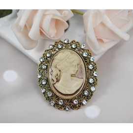 Gyn&Joy Vintage Inspired Antique Crystal Rhinestones Grey Gold Lady Cameo Pin Brooch, Metal, rhinestone