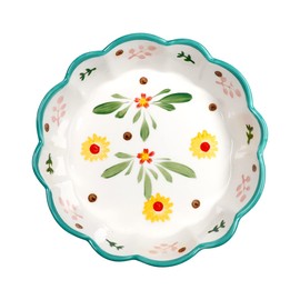 GinkgoHome Hand Painted Flower Pattern Ceramic Bowl Wavy Edge 6-8 Inch (8 Inch, Teal)
