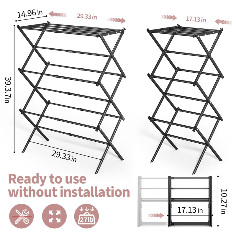 APEXCHASER Clothes Drying Rack, 3-Tier Laundry Drying Rack for Clothes,