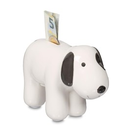 Relaxdays Dog Money Box, Tip Cash, Coins & Notes, Piggy Bank with Opening, HBT 12 x 21 x 9 cm, Ceramic, Black/White