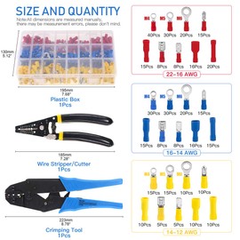Glarks Wire Terminals Crimping Tool Set, Insulated Wire Terminals Connectors Ratcheting Crimper Tool 22-10AWG with 419Pcs Insulated Butt Bullet Spade Ring Crimp Terminal Connector and a Wire Stripper