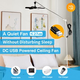 bestmoument 17.7" Inch Small Portable Ceiling Fan, USB Plug In, 5V DC Powered, 6 Blades, Indoor/Outdoor RV Camping Tent Canopy, Gazebo，Beach，Hanging, Quiet,black