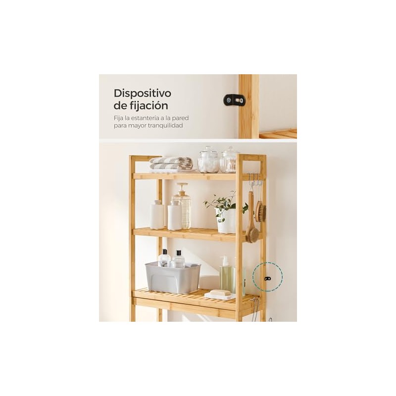 SONGMICS Estante para Baño sobre Inodoro, Ajustable, De Bambú, 3