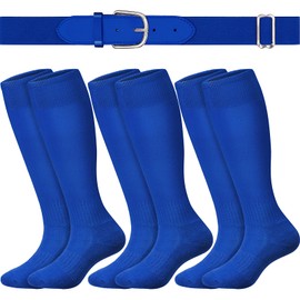 3 Pairs Youth Baseball Socks Royal Blue Softball Belts Set Adjustable Elastic Belt Athletic Sock Moisture-Wicking for Boy Girl Medium