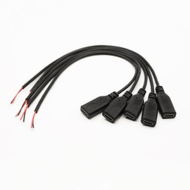 Kallaudo USB C Power Pigtail Cable 1FT 24AWG 5V 3A USB Type-C Female Plug to 2 Pin Bare Wire Open End Power Pigtail Cord DIY, Black (5Pcs)