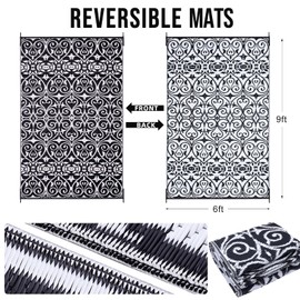 OLANLY Outdoor Rug Waterproof 6x9 ft Clearance, Reversible Outdoor Plastic Straw Rug with Floral Pattern, RV Mat for Patio, Camping, Balcony, Deck, Backyard, Black & White