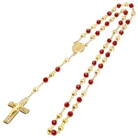 metaltree98 Rosary Red 6 mm Bead Gold and Black Tone Guadalupe & Jesus Cross 28" Necklace HR 600 (GG/Red)